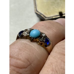 画像5: 珍しい配色で綺麗なターコイズ、サファイア、ダイアモンドリング1890年イギリス