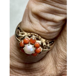 画像6: 鮮やかなサンゴとパールのリング1920年イギリス