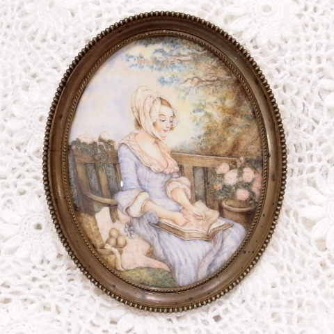 本を読む貴婦人が描かれたミニアチュールの壁掛け♪細密画・フランス・1880年頃